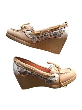 Sperry Top-Sider leather upper Boat Shoes Wedge Heels Tan Leopard Gold rivets 6